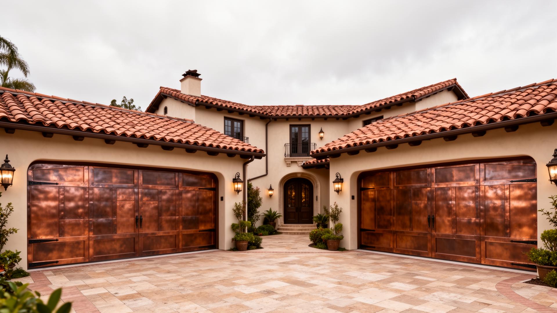 Luxury custom copper-clad garage doors on California Spanish revival home in Red Springs NC